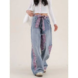 Amozae-American women retro bow tie tied jeans with grid splicing Harajuku Y2k loose casual slimming wide leg pants jeans woman