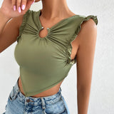 Amozae-Women Sexy Tank Top with Metal Ring Ruched Slim Halter Backless Bandage Camis Tube Top Female Sleeveless Cropped Vest
