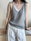 Amozae-Spring Summer Casual Outfits Fake Two-piece Knit Tank Tops For Women, 25 Summer V-neck Shoulder Top