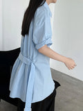 Amozae-Spring Summer Casual Outfits Belt Shirt Dress Women's Summer Buckle Strap Waist Short Sleeved Top