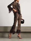 Amozae-Modigirl 2024 Women Autumn Winter Suits Leopard Print Long Sleeve Round Neck Long Sleeves Tops and High Waist Pants 2 piece Set