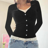 Amozae Y2K Contrast Lace Slim Top Autumn Cute Long Sleeve Buttons T-shirt Knitted Casual Outfits Sweet Korean Tee Streetwear