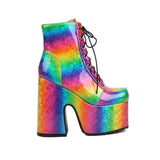 Amozae-Women Rainbow Boots Colorful Gradient Lace-up Platform Gothic Halloween Bat Shoes High Heels Winter Warm Ankle Motorcycle Boots
