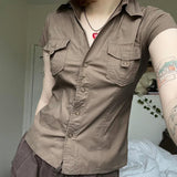 Amozae Women Khaki Safari Shirts with Pocket Casual Short Sleeve Work Tshirt Vintage Street Outfits Button Up Crop Tops