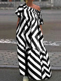 Amozae-Floor Length Loose Dress for Women Black and White Cold Shoulder Puff Sleeve Maxi Dress Spliced Pleated Striped Dress