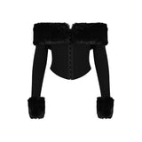 Amozae Autumn and Winter Women Tops 2024 Detachable Fur Off The Shoulder Cropped Top Sexy Black Casual Long Sleeve Blouse