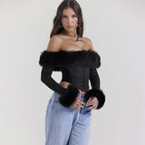 Amozae Autumn and Winter Women Tops 2024 Detachable Fur Off The Shoulder Cropped Top Sexy Black Casual Long Sleeve Blouse