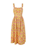 Amozae Summer Elegant Floral Print Midi Holiday Dress with Pocket Yellow Back Lace Up Party Dresses Casual Women Dress 2024