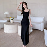 Amozae-Christmas Party Dresses Elegant Party Black Satin Midi Dresses for Women 2024 Summer New Sexy Fashion Bodycon Sleeveless Split Strap Female Clothing