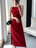 Amozae-Korean Summer Elegant Slim Red Sleeveless Midi Dress Office Lady Fashion Spaghetti Straps Bodycon Split Clothes Women Vestidos