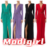 Amozae-Modigirl Fashion Solid Color Sexy Deep V-Neck Pleated Party Evening Dress Spring Summer Long Sleeves Split-Front Dresses