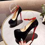 Amozae 2024 New Black Red High Heels Women Pumps Spring Fashion Round Toe Buckle Strap Platform Stiletto Wedding Banquet Shoes