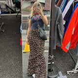 Amozae-Leopard Print Ruffled Long Skirts For Women Elastic High Waisted Patchwork Loose Female Summer Fashion Club Party Skirts