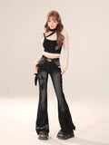 Amozae-Black Gothic Bow Flare Jeans Harajuku Aesthetic Y2k Denim Trousers Women'S  High Waist Cowboy Pants Vintage