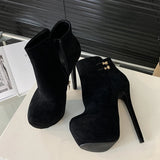 Amozae Fashion Chic Elasticity Buckle Strap Women Platform Boots Sexy Zip Round Toe Pole Dance Extreme High Heels Shoes Black