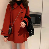 Amozae-Thickened Winter Woolen Coat  Early Spring Women's Long Red Coat With Horn Buttons Fashionable Women's Outerwear