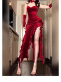 Amozae-Christmas Party Dresses Red Rose Elegant One Piece Dress Women Sleeveless Y2k Designer Long Dress Female Strapless Retro Irregular Dress 2024 Summer New