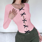 Amozae Hotsweet Bow Detail Sexy Women Tops Knitted Long Sleeve Fitted Y2K T-shirt Girl Streetwear Cute Aesthetic Tee Autumn