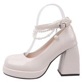 Amozae-Vintage High Heels Mary Jane Shoes for Women 2025 Patent Leather Platform Pumps Woman Pearls Chain Thick-Heeled Shoes Female
