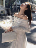 Amozae-Autumn Fashion White Knitted Dress Women Elegant Sexy Off Shoulder Slim A-Line Robe Korean Spring Casual Long Sleeve Clothing