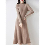 Amozae-High-end Knit Dress Women's Slimming Smooths Your Silhouette A- line Long Half Polo/turtle Neck Base Sweater Dress Autumn/winter