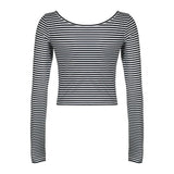 Amozae Simple Striped Long Sleeve Crop Top Autumn Women Basic Crew Neck Fitted T-shirt Y2K Street Casual Tee Lady Outfits