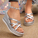 Amozae-Cross Strap Wedge Heel Sandals for Women Summer 2025 Silver Chunky Platform Slippers Woman Anti Slip Thick Sole Slides Plus Size