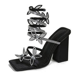 Amozae- Fashion Design Crystal Butterfly Snake Coiled Women Sandals Sexy Square Toe Chunky Thick Heels Summer Party Prom Shoes