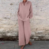 Amozae-Harajuku Vintage Solid Cotton Linen Women Sets Simple Casual V-neck Top Pullover & Wide Leg Pants Outfits Spring Fall Loose Suit