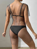 Amozae-Women Sexy Bikini Cover-Ups Rhinestone Taseel See-Through Mini Dress V-Neck Sleeveless Packaged Hip Fishnet Sundress