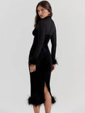 Amozae Elegant Feather Sexy Midi Dress For Women Black Fashion Sheer Long Sleeve Backless Bodycon Club Party Long Dress