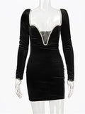 Amozae-hoco dresses High Quality Black Bodycon Dress 2024 New Autumn Long Sleeve Crystal Dress Women Party Sexy Velvet Dress Evening Night Dresses