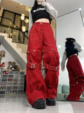 Amozae-Jeans Red Spliced Bandage Detachable Loose Design New Spicy Girl Y2K High Street Women American Relaxed Wide Leg Long Pants