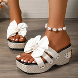Amozae-Fashion Big Bowknot Chunky Platform Sandals Women Pearl Flower Wedge Heel Slippers Woman Summer Square Toe Thick Bottom Slides