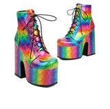 Amozae-Women Rainbow Boots Colorful Gradient Lace-up Platform Gothic Halloween Bat Shoes High Heels Winter Warm Ankle Motorcycle Boots
