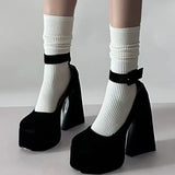 Amozae-Waterproof platform high heels women's round head thick heel new ladies shoes black flocking office high heels