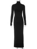Amozae-Women 2024 Elegant Half High Collar Long Sleeve High Slit Black Dress Female High Waist Bodycon Hollow Out Party Evening Dresses