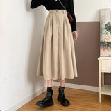 Amozae-Vintage High-waisted Skirt Women's  Autumn Winter New Korean Style Slimming Mid-length Dress Trendy Wide Hem A- line Skirt