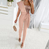 Women Sequin Sharkly Shiny Party Jumpsuit Spring Eleagnt One Shoulder Draped Office Playsuit Summer Hollow Out Straight Overalls