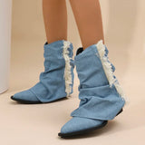 Amozae-Vintage Thick Heel Women Denim Western Cowgirl Boots Fashion Slip On Shoes Autumn Winter Ladies Tassels Short Booties