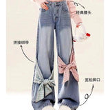 Amozae-New American retro gothic checkered patchwork women jeans with bow tie and loose bandwidth Y2k streetwear wide leg pants