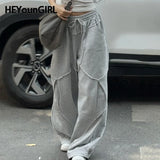 Amozae Stylish Chic Split Patchwork Women Baggy Pants Harajuku Korean Style Gray Loose Wide Leg Trousers Street Joggers