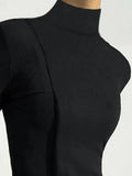 Amozae-Modigirl 2024 New Stylish Split-Joint High Neck Black Basic Tops Spring Autumn Long Sleeves Casual Skinny Trendy T-Shirts