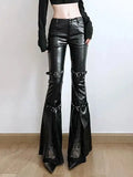 Amozae-PU Leather Flare Pant Goth Buckle Lace Patchwork Pants Women Fashion Y2K Streetwear Vintage Aesthetics Casual Trouesrs