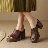 Amozae-Women Genuine Leather Shoes Peep Toe Platform Chunky High Heel Slides Ladies Fashion Casual Slippers Summer Spring Brown