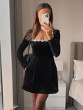 Amozae-new years eve outfits Christmas party outfits Women Black Rhinestone Decor Velvet Mini Dress Elegant Square Neck Long Sleeve High Waist A-line Dresses Lady Evening Party Gown