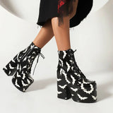 Amozae-Women Rainbow Boots Colorful Gradient Lace-up Platform Gothic Halloween Bat Shoes High Heels Winter Warm Ankle Motorcycle Boots