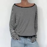 Amozae Open Back Striped Top Women Stylish Chic Long Sleeve Oversized Y2K Tshirt Casual Sexy Fashion O-neck Tee Streetwear