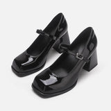 Amozae-New Chunky Mary Jane Heels Pumps Fashion Vintage Patent Leather High Heels Female Square-toed Black Lolita Platform Shoes Womens