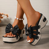 Amozae-Fashion Big Bowknot Chunky Platform Sandals Women Pearl Flower Wedge Heel Slippers Woman Summer Square Toe Thick Bottom Slides